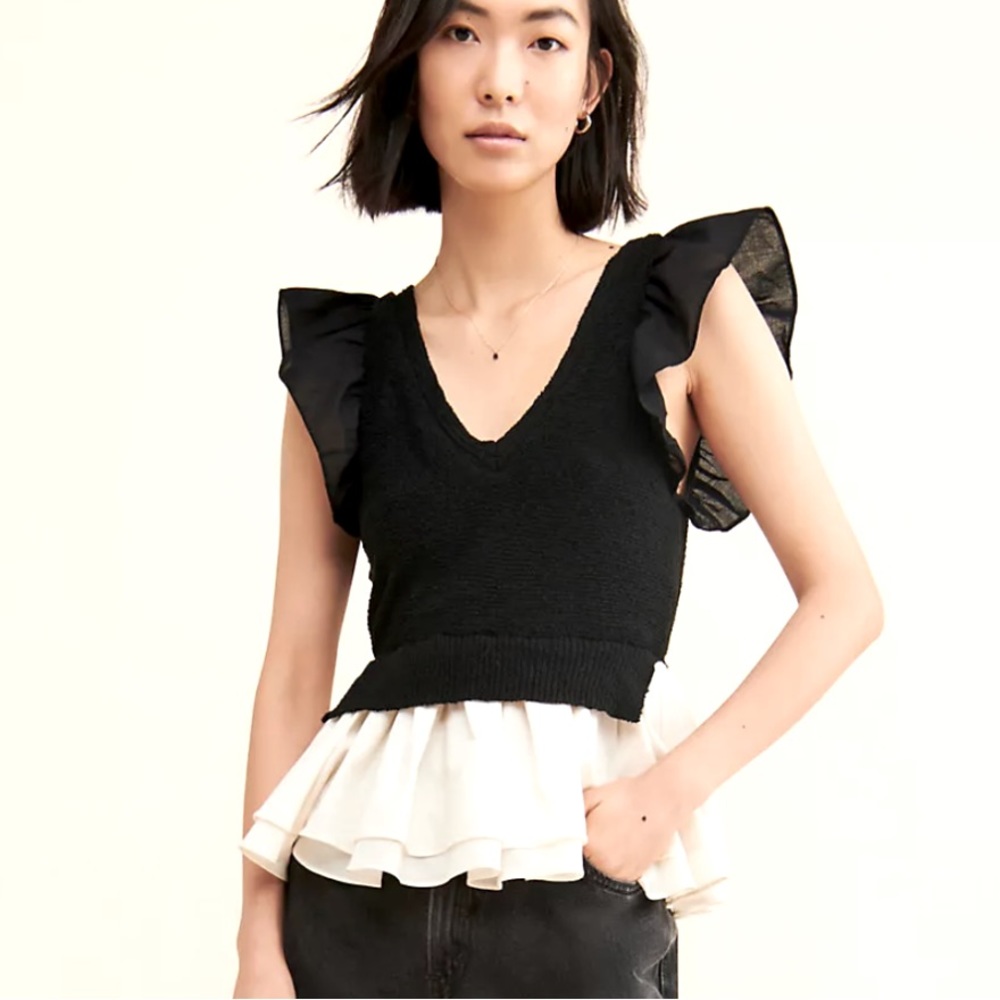 Anthropologie Black and White Ruffle Peplum Sweater Tank